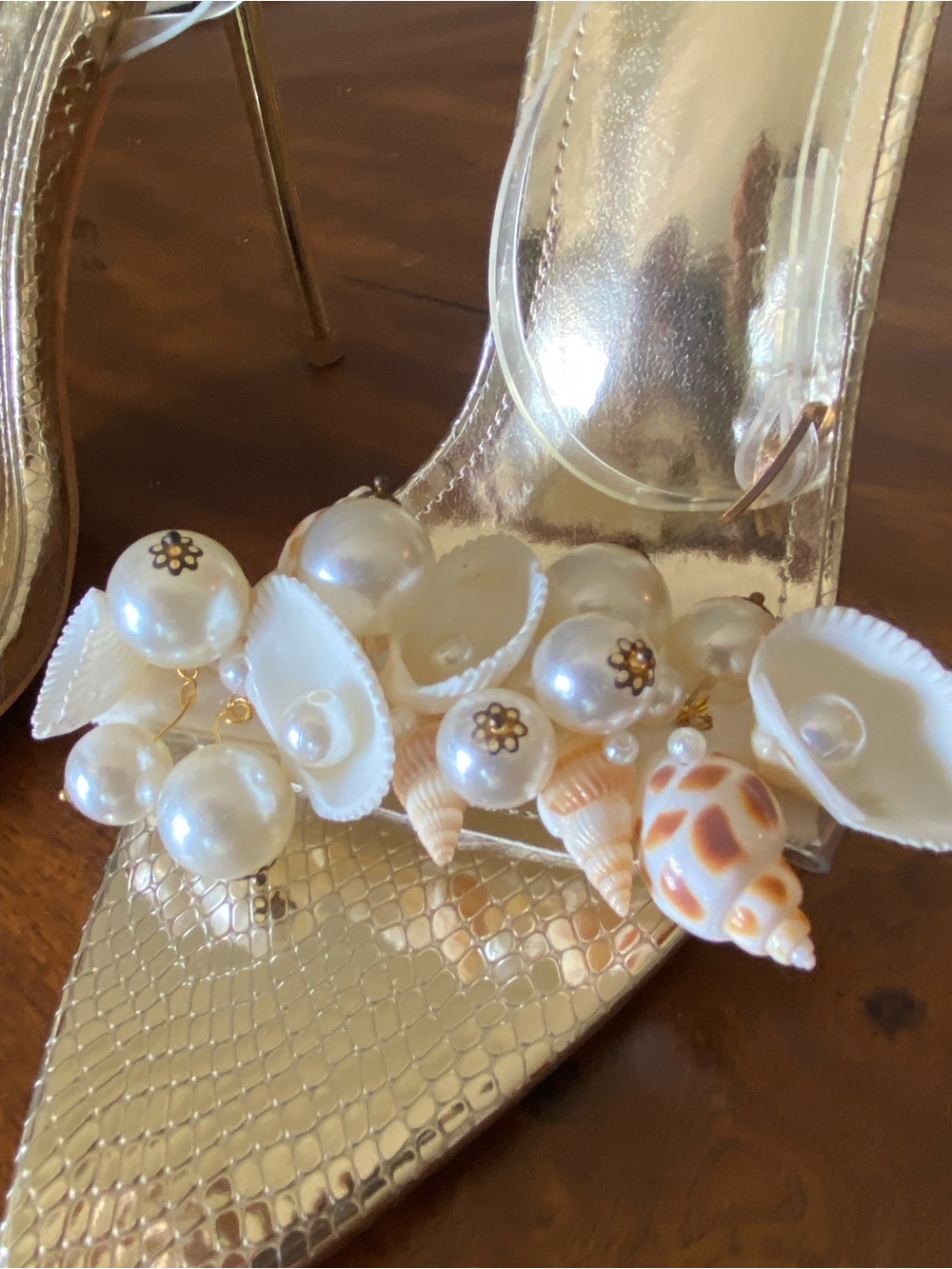 Gold Pearl & Shell Embellished Stiletto Heels